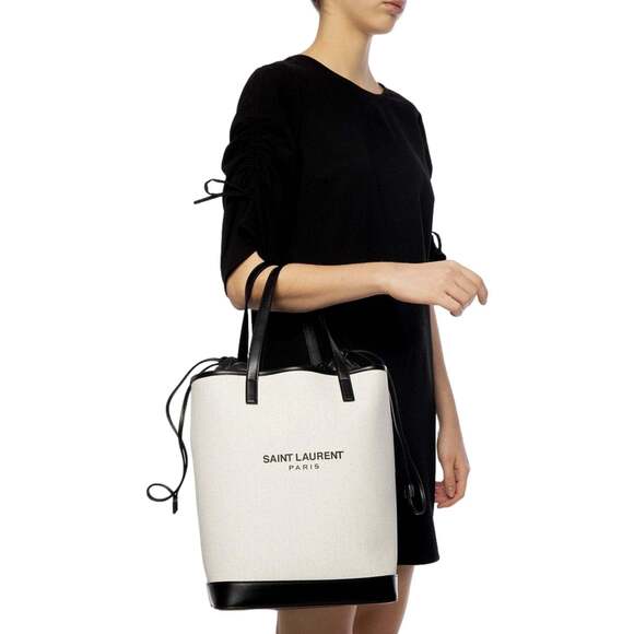 Saint Laurent Teddy White Coated Linen Drawstring Bucket - Picture 3 of 12